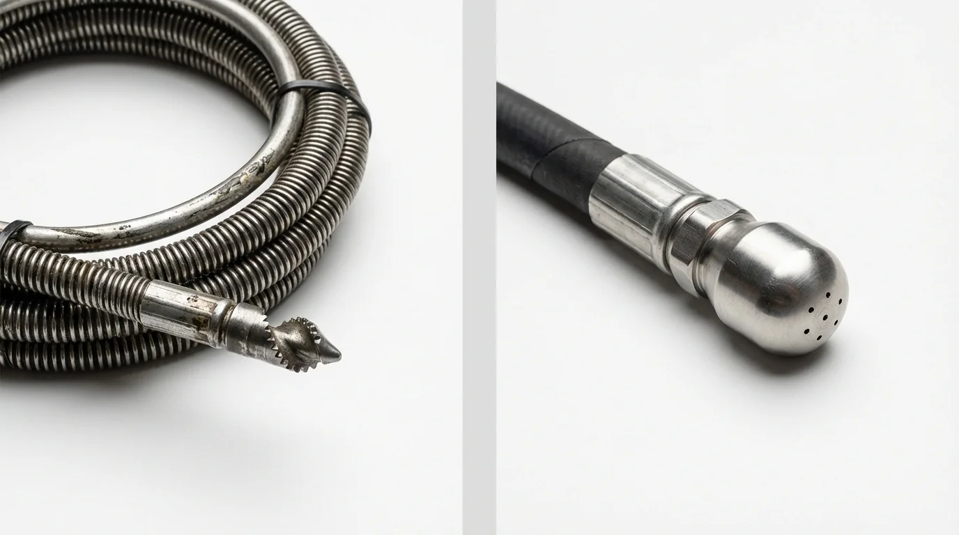 Drain snake cable and hydro jetting nozzle used for drain cleaning in Northwood, NH