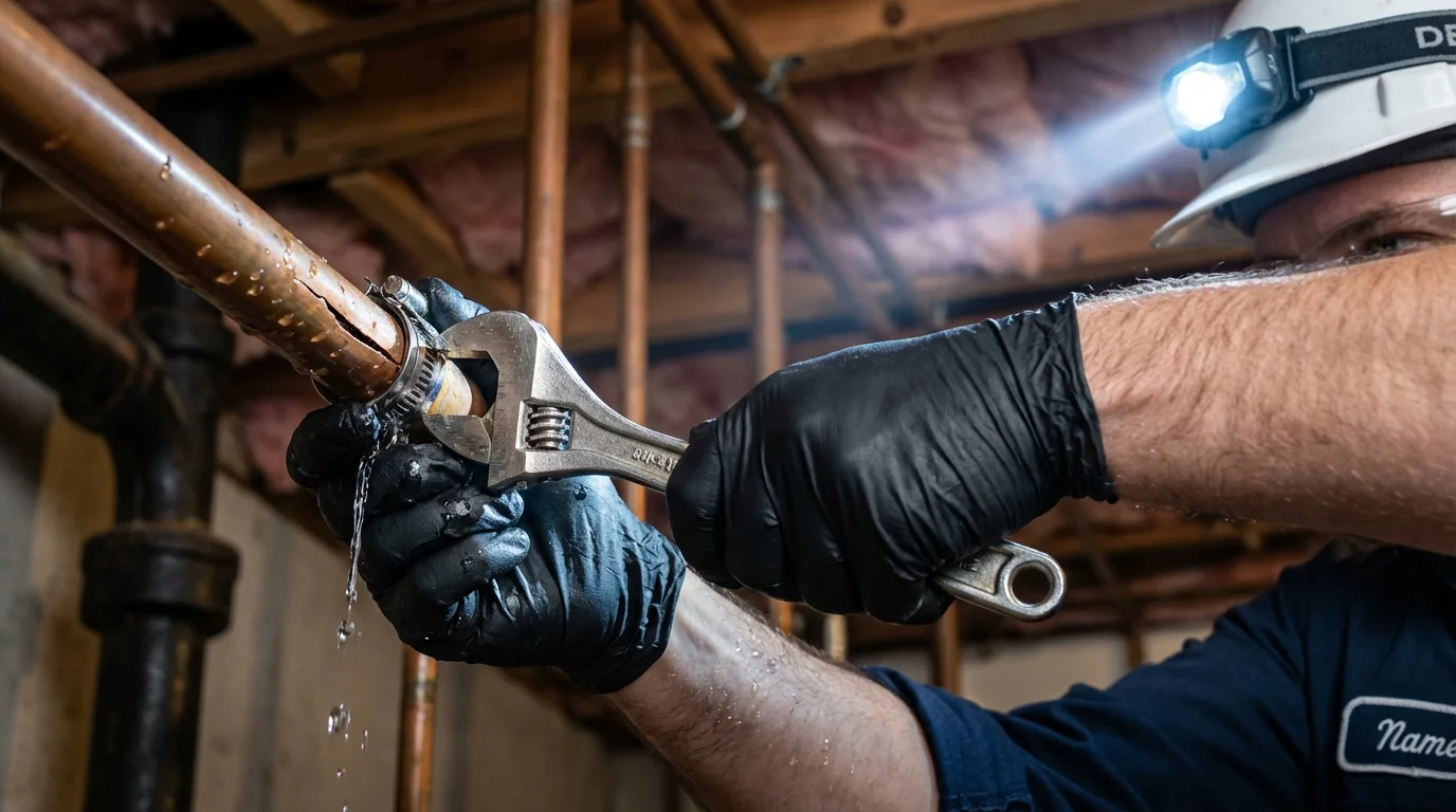 Emergency pipe clamp repair being performed by a Johns Plumbing LLC plumber in Northwood
