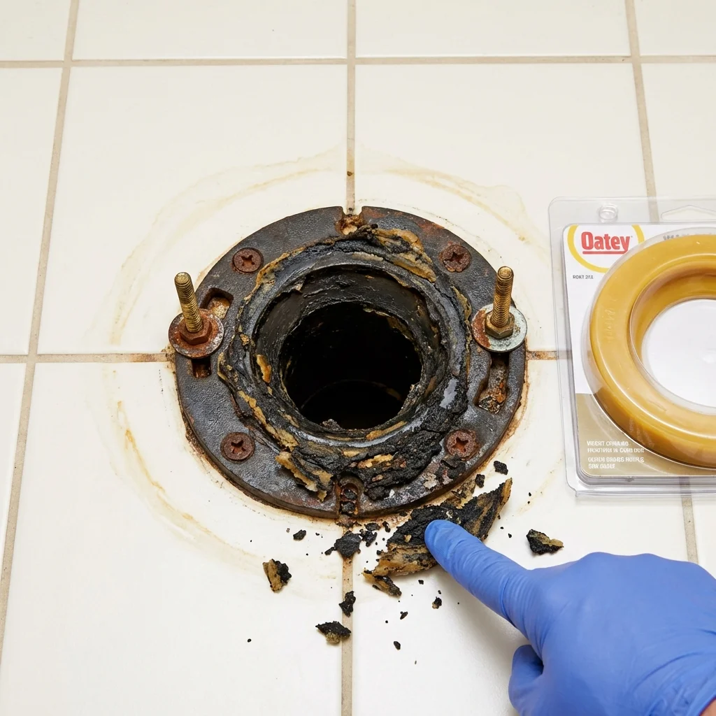 Failed wax ring showing water seepage at the base of a toilet in a Northwood, NH home