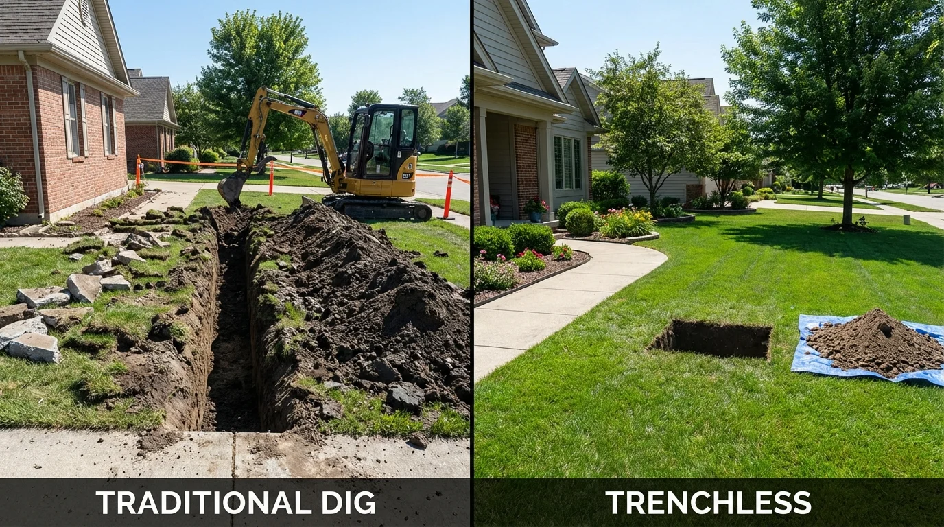 Trenchless sewer repair with minimal yard damage versus traditional excavation in Northwood, NH