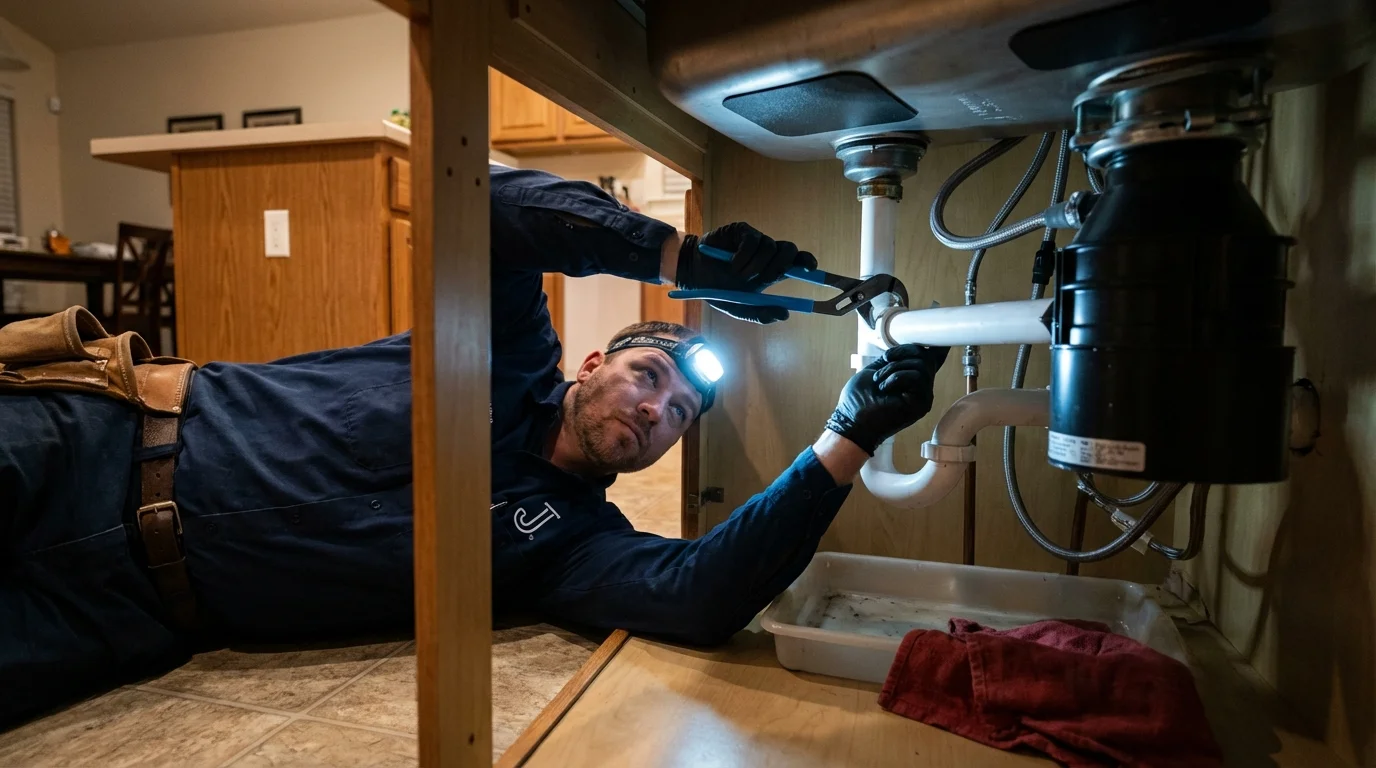 P-trap and supply line connections under a kitchen sink showing a common leak point in Northwood, NH